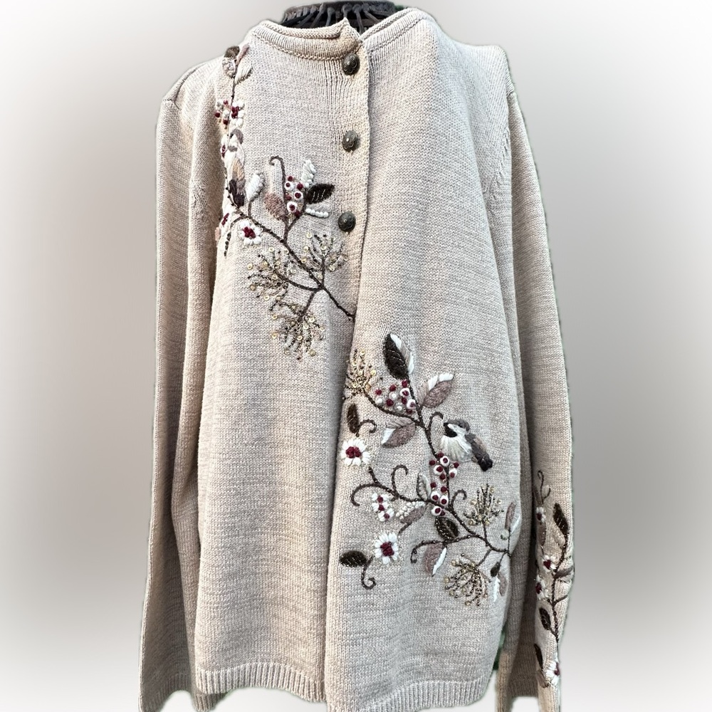 Coldwater Creek Beige Cardigan Floral Embroidery Cottagecore Cabincore. Sz L - Picture 4 of 16